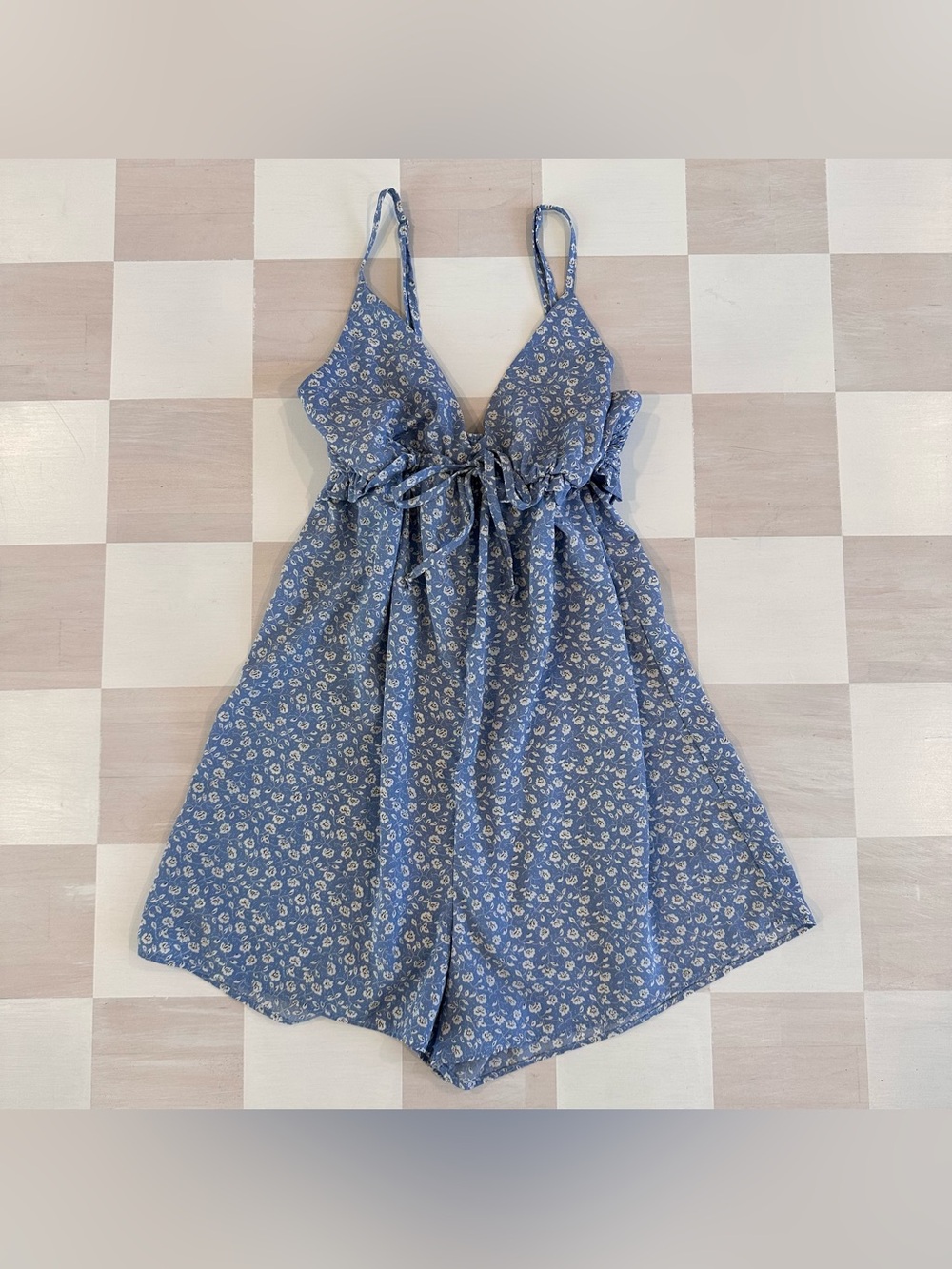 mahina blue white floral ruffled smocked spaghetti strap romper playsuit